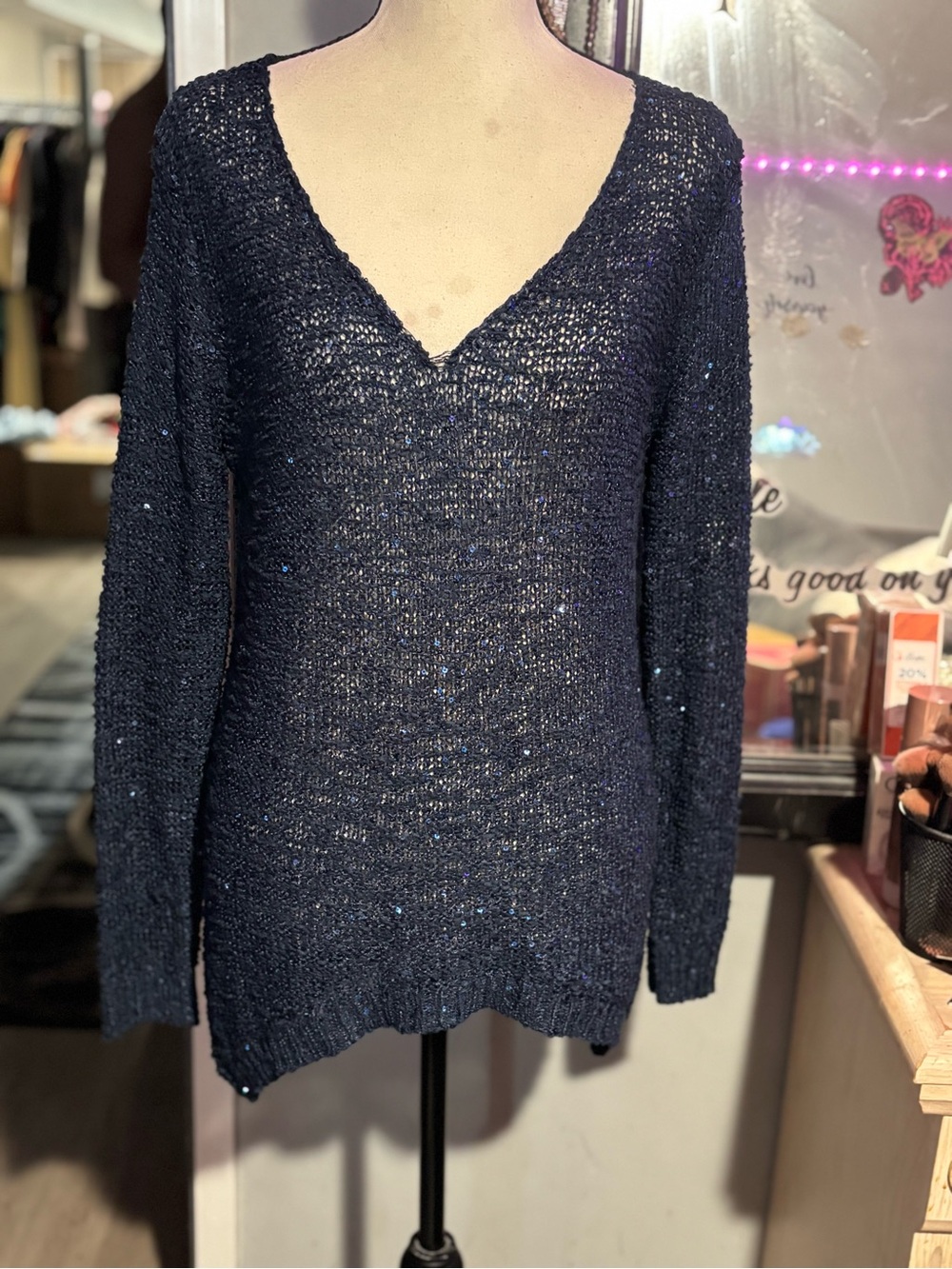 NWOT Miracle City Navy Blue V-Neck Sequin Knit Sweater